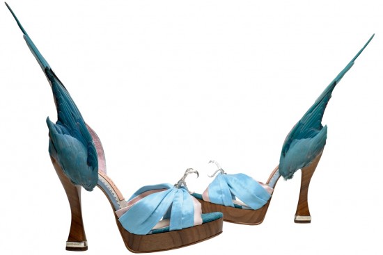 Caroline Groves 'Parakeet' shoes, leather silk satin, solid silver talons and heel tips, with feathers. 2014 England